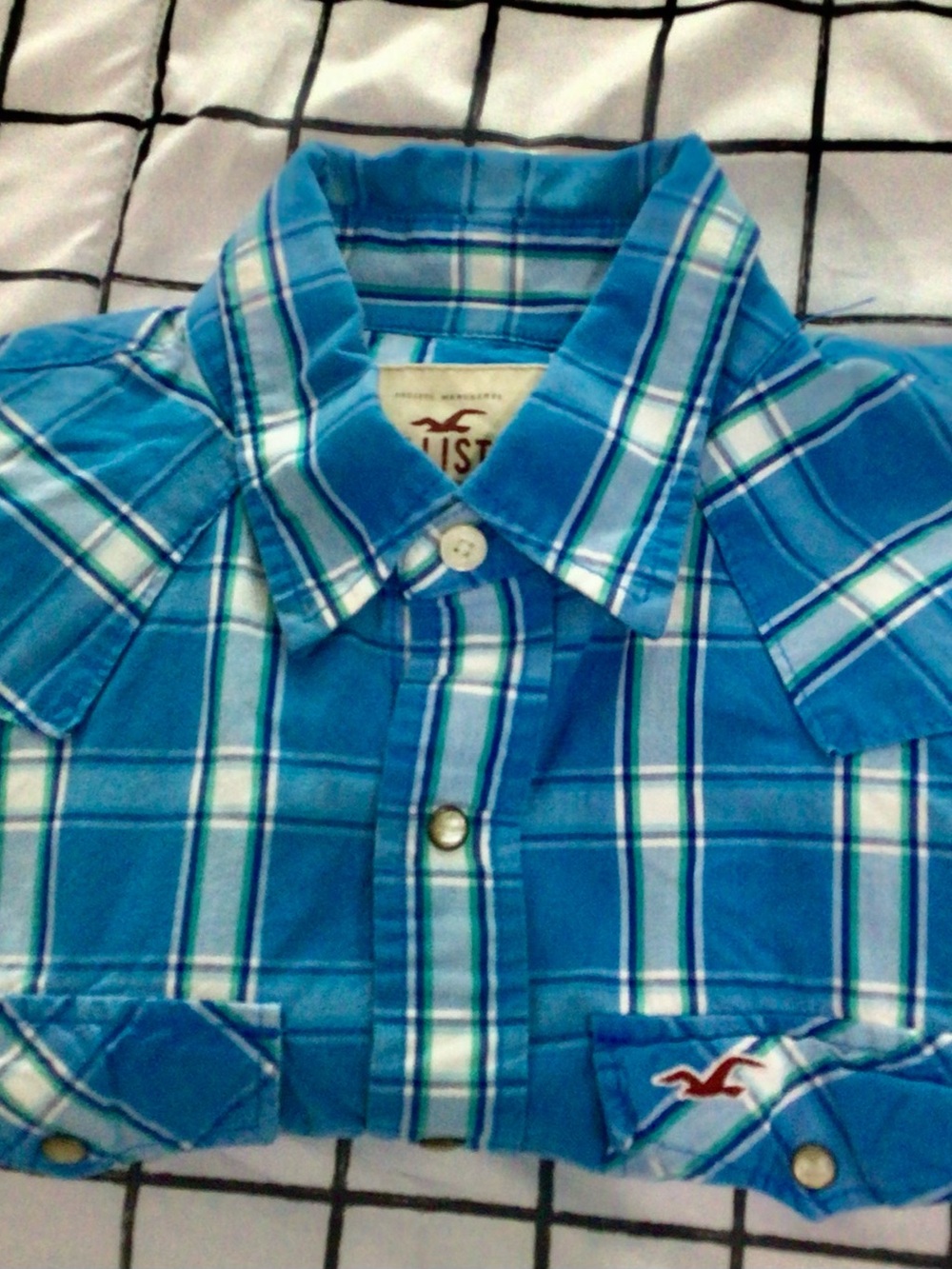 Hollister Turquoise & White Plaid Button-Down Shirt